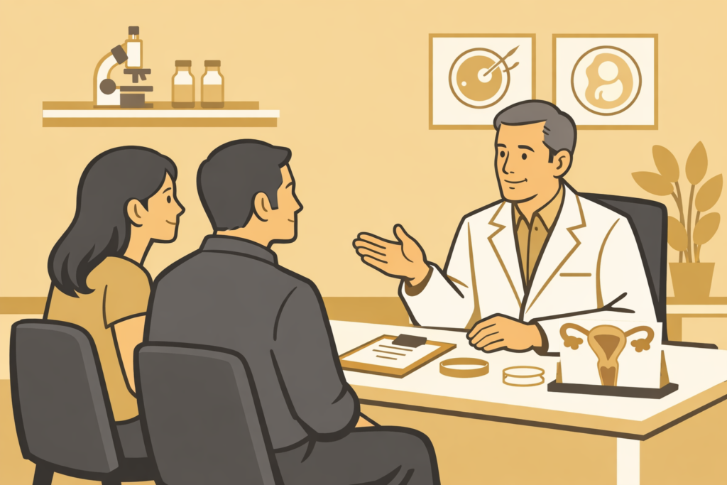 casal em consulta sobre reprodução assistida com médico especialista