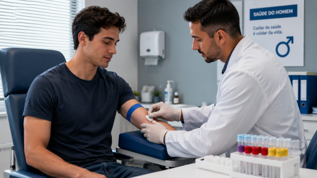 Jovem adulto realizando exames para diagnóstico de disfunção erétil com orientação médica
