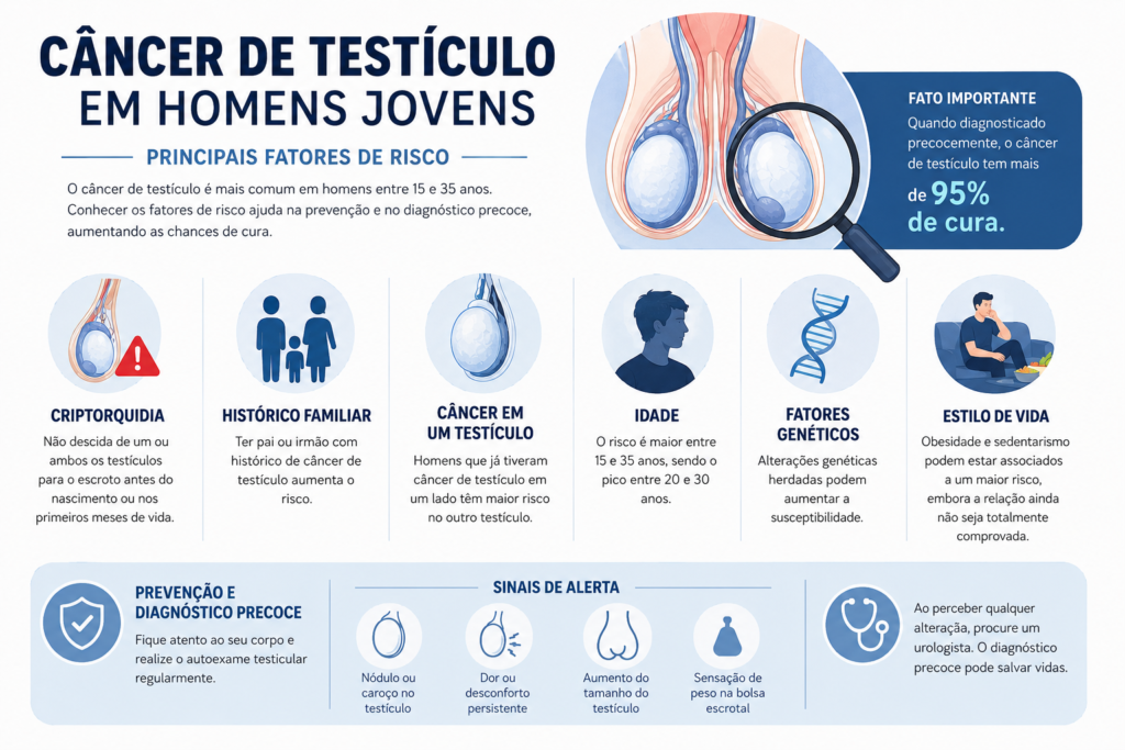 Infográfico com os principais fatores de risco do câncer de testículo em homens jovens
