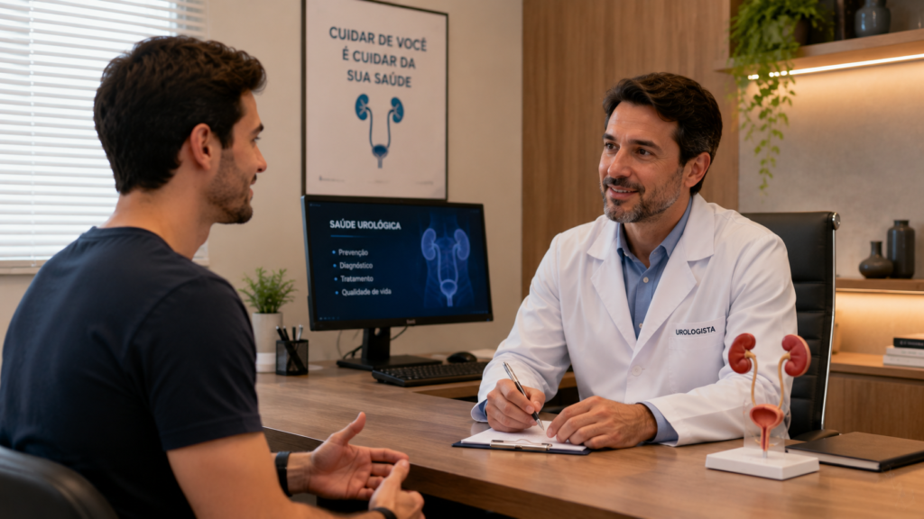 Homem jovem em consulta com urologista para investigar câncer de testículo