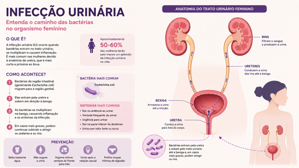 Ilustração da anatomia feminina mostrando como ocorre a infecção urinária e os sintomas de cistite na bexiga