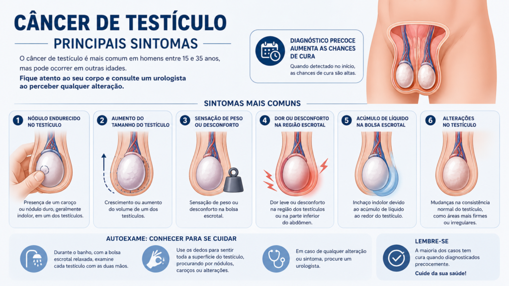 Ilustração educativa mostrando os sintomas do câncer de testículo, incluindo nódulo endurecido