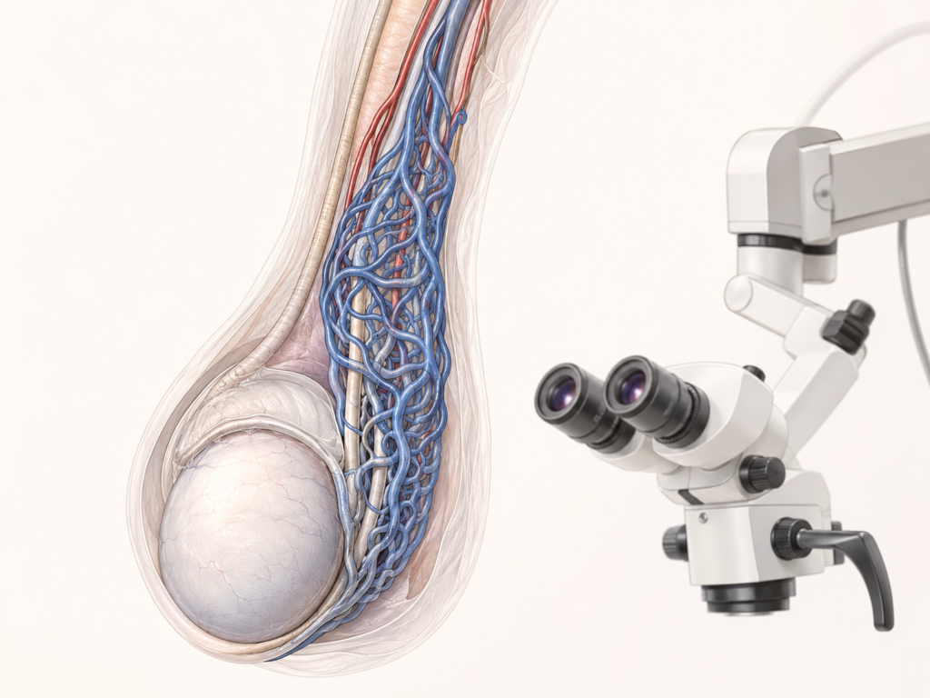 Ilustração médica de microcirurgia de varicocele e plexo pampiniforme